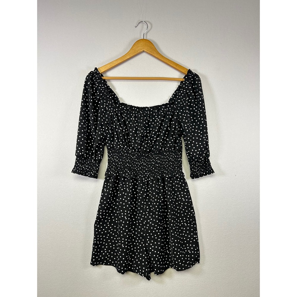 Paper Crane Polka Dot Romper Womens Small Black White Smocked Waist Puff Sleeve